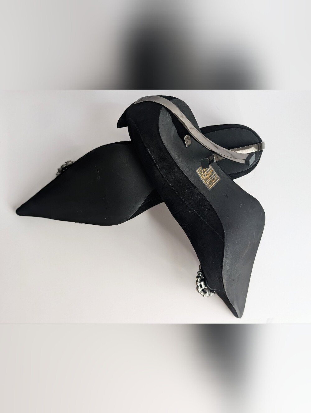 Jeffrey Campbell Parliament Black Suede Crystal Pointed Toe Pumps 8 - Picture 8 of 14